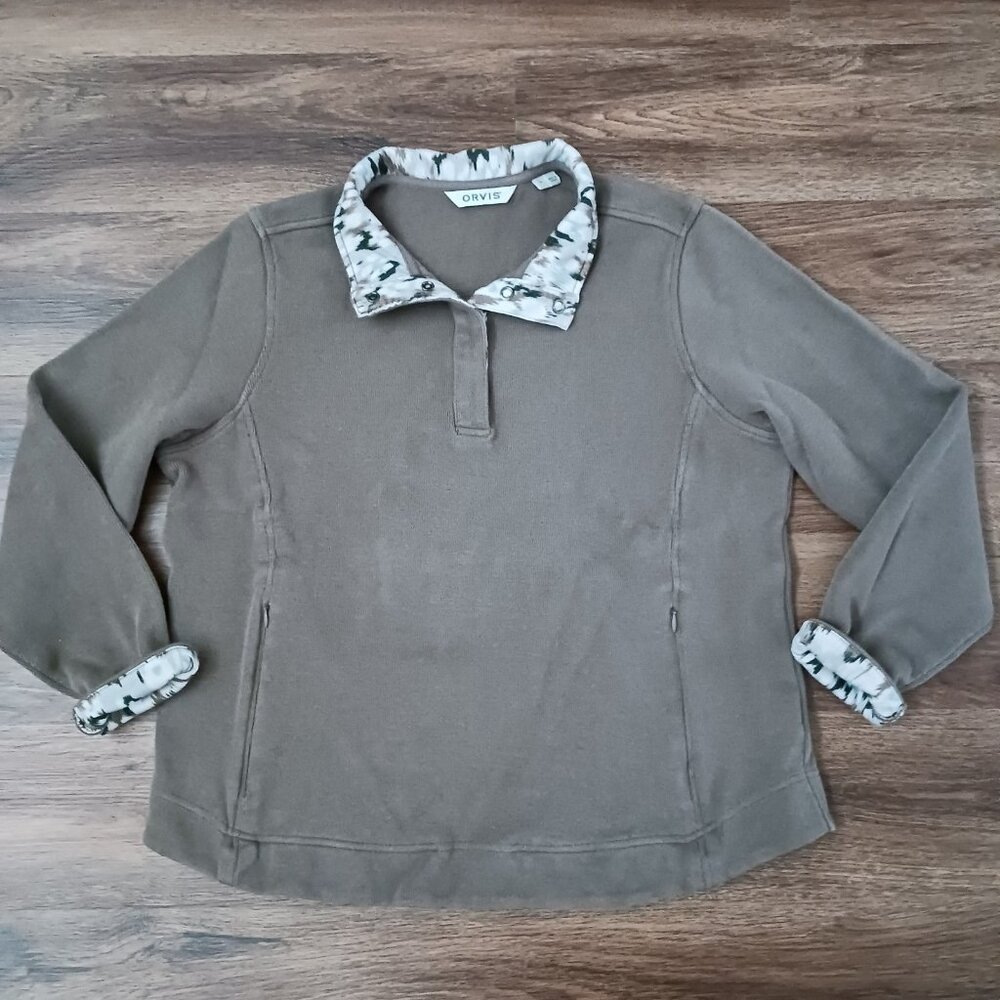 ORVIS Pullover Contrast Cuffs Collar Womens Size L 1/4 Snap Sweater